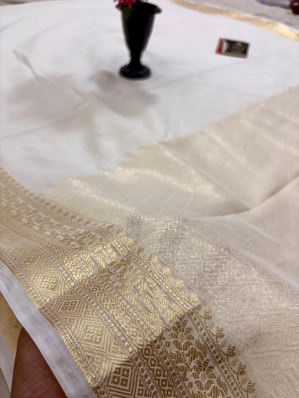 Pearl White Chiniya D.P.N Banarasi Saree – Soft, Elegant &amp; Festive Wear