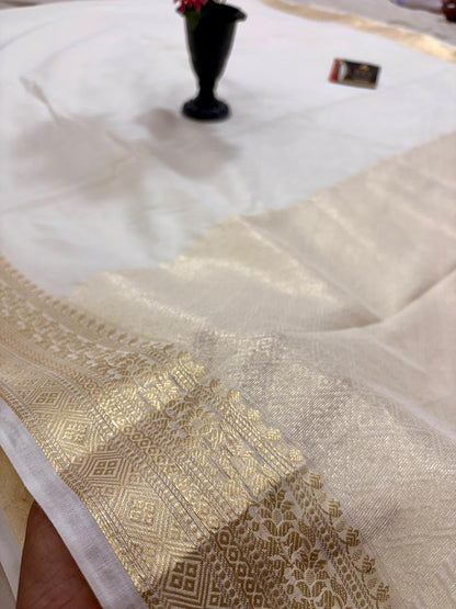 Pearl White Chiniya D.P.N Banarasi Saree – Soft, Elegant &amp; Festive Wear