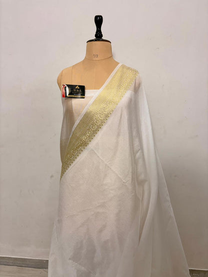Pearl White Chiniya D.P.N Banarasi Saree – Soft, Elegant &amp; Festive Wear