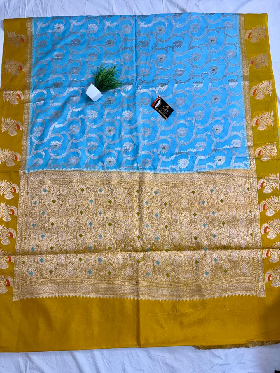Sky Blue Viscose Jacquard Saree – Elegant Alfi Minedar Weaving