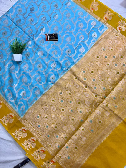 Sky Blue Viscose Jacquard Saree – Elegant Alfi Minedar Weaving