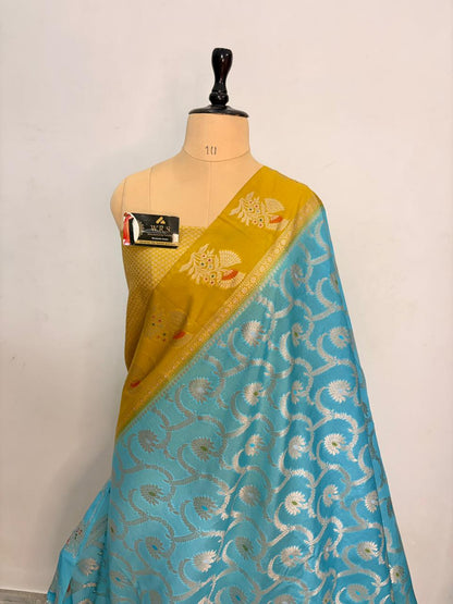 Sky Blue Viscose Jacquard Saree – Elegant Alfi Minedar Weaving