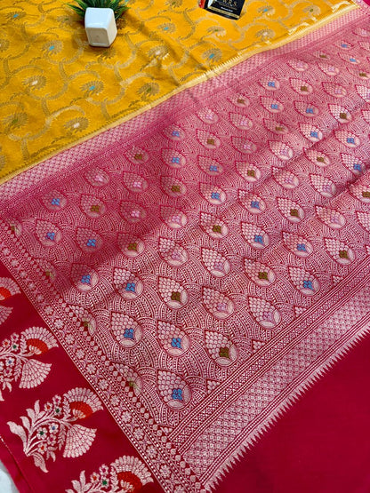 Premium Yellow Viscose Jacquard Saree – Elegant Floral Zari Weaving