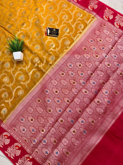 Premium Yellow Viscose Jacquard Saree – Elegant Floral Zari Weaving