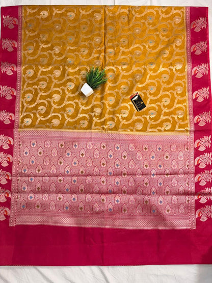 Premium Yellow Viscose Jacquard Saree – Elegant Floral Zari Weaving