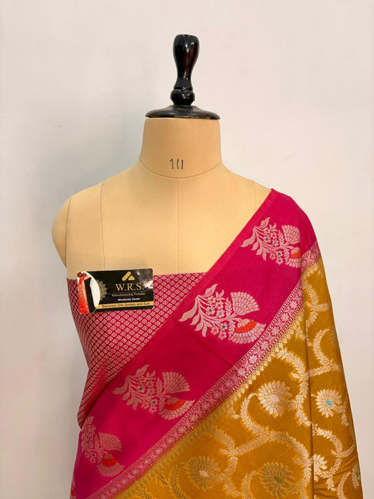 Premium Yellow Viscose Jacquard Saree – Elegant Floral Zari Weaving