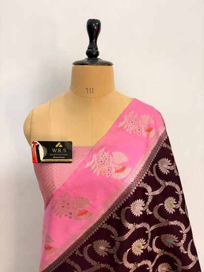 Premium Wine & Pink Viscose Jacquard Saree – Elegant Floral Zari Weaving
