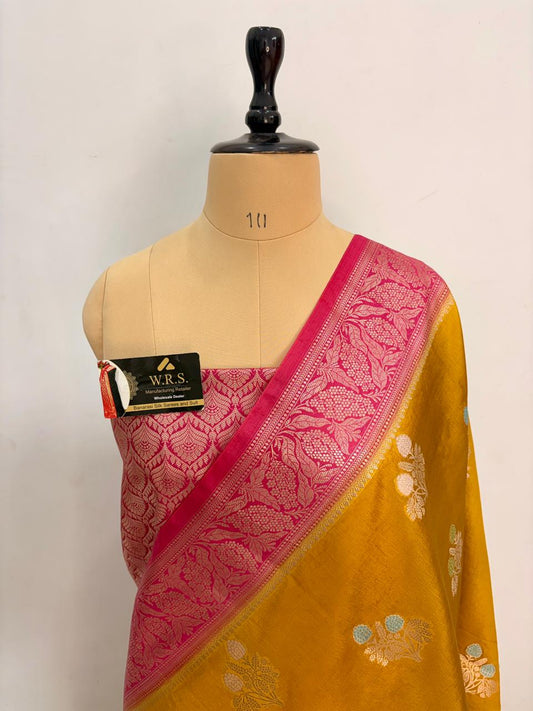 Premium Yellow Viscose Jacquard Saree – Elegant Floral Zari Weaving
