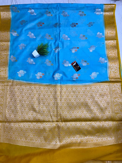 Sky Blue Viscose Jacquard Saree – Elegant Alfi Minedar Weaving