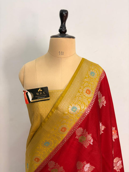 Premium Red Viscose Jacquard Saree – Elegant Floral Zari Weaving