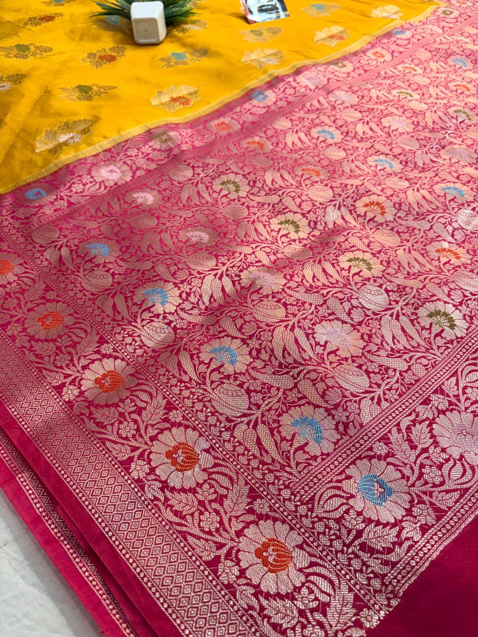 Premium Yellow Viscose Jacquard Saree – Elegant Floral Zari Weaving