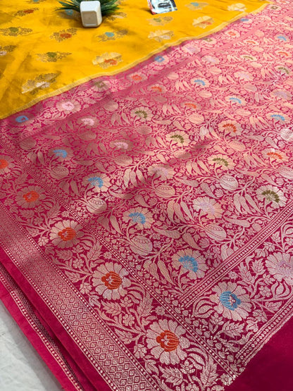 Premium Yellow Viscose Jacquard Saree – Elegant Floral Zari Weaving
