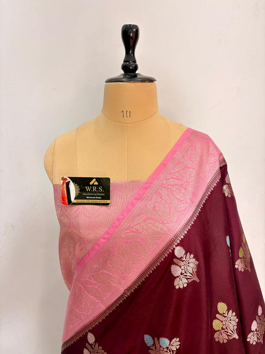 Premium Wine & Pink Viscose Jacquard Saree – Elegant Floral Zari Weaving