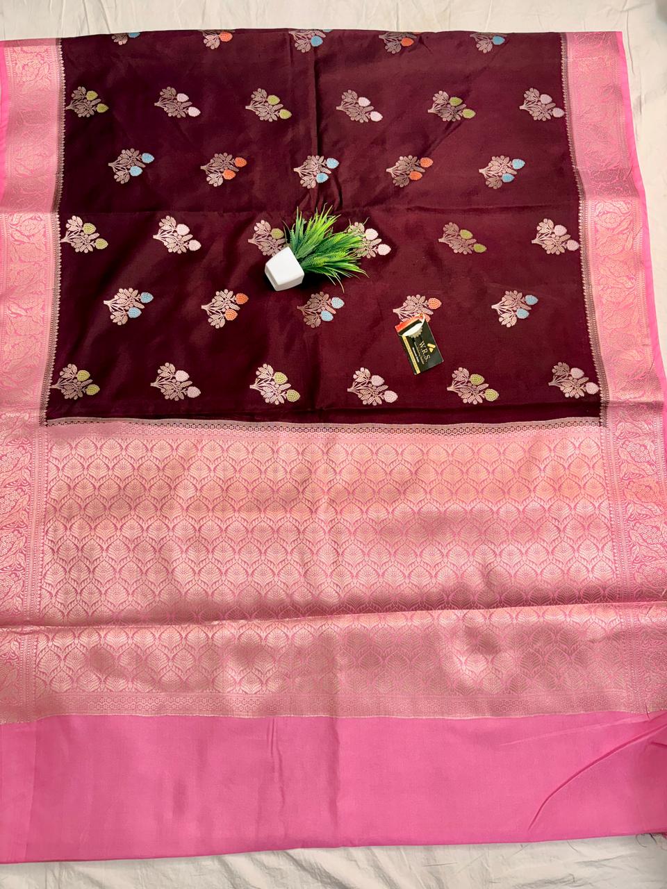 Premium Wine & Pink Viscose Jacquard Saree – Elegant Floral Zari Weaving