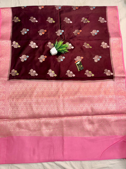 Premium Wine & Pink Viscose Jacquard Saree – Elegant Floral Zari Weaving