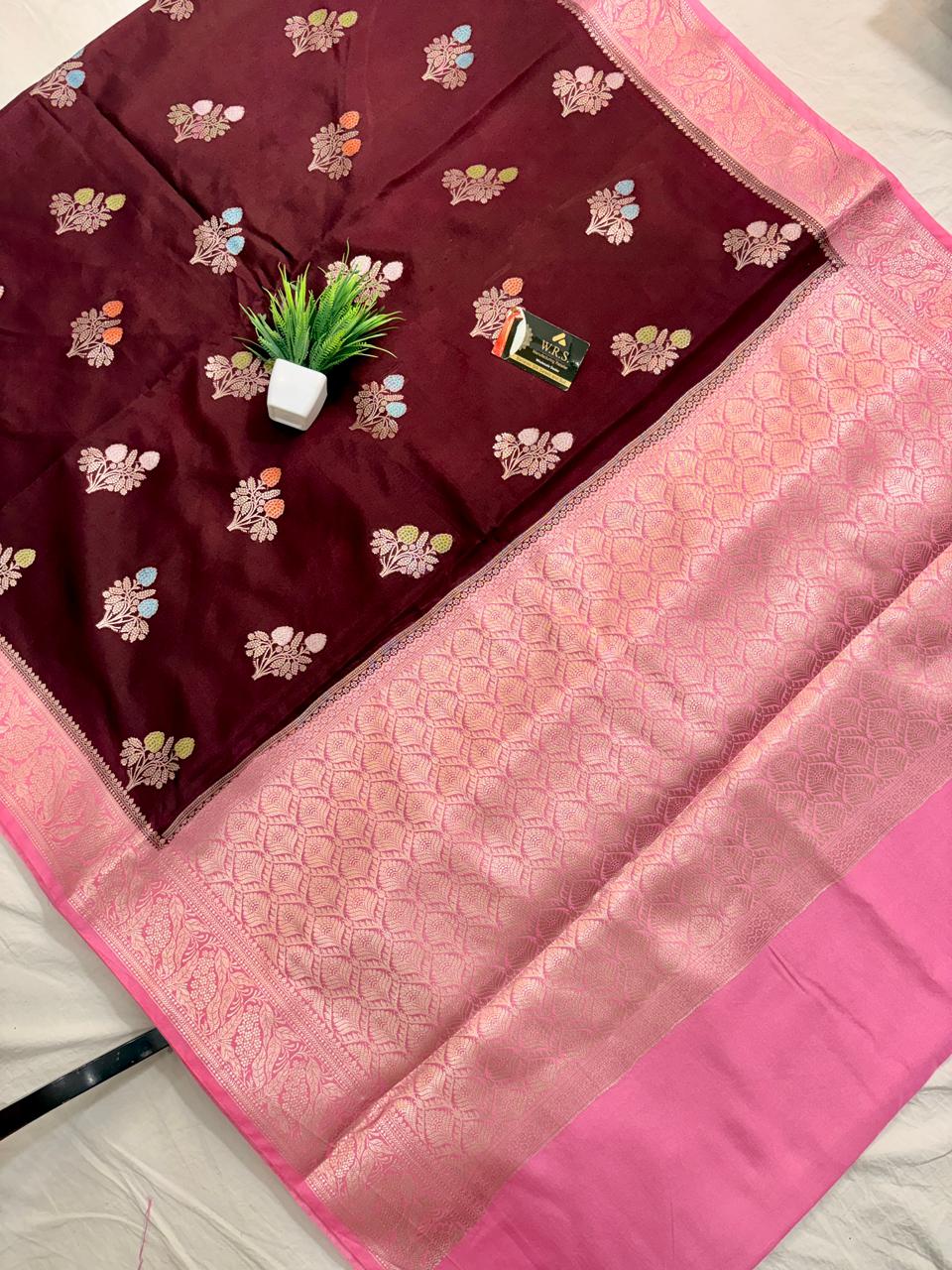 Premium Wine & Pink Viscose Jacquard Saree – Elegant Floral Zari Weaving