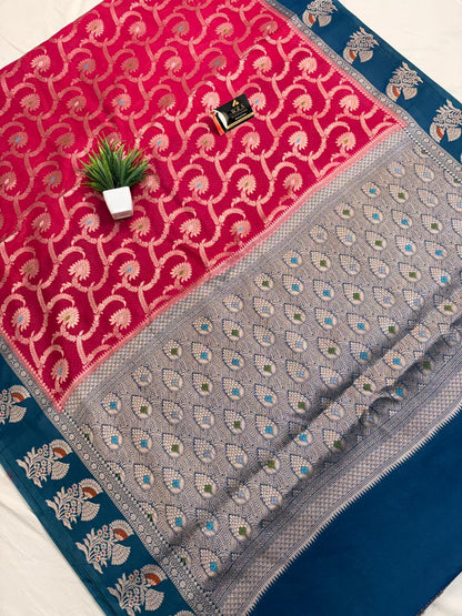 Premium Red Viscose Jacquard Saree – Elegant Floral Zari Weaving