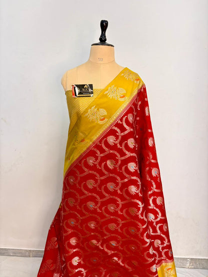 Premium Red Viscose Jacquard Saree – Elegant Floral Zari Weaving