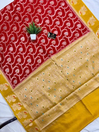 Premium Red Viscose Jacquard Saree – Elegant Floral Zari Weaving