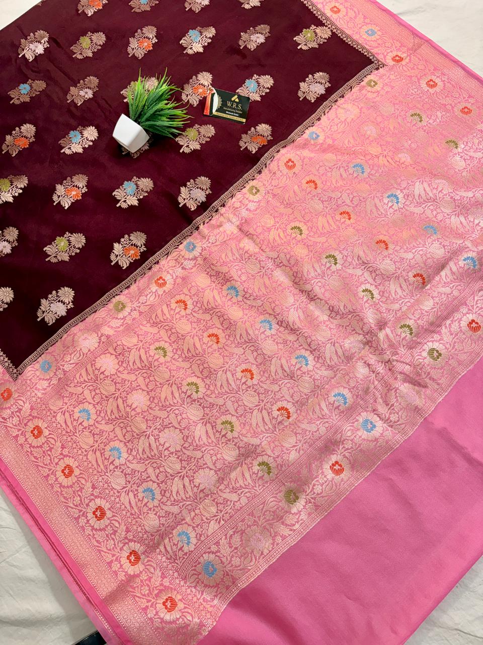Premium Wine & Pink Viscose Jacquard Saree – Elegant Floral Zari Weaving