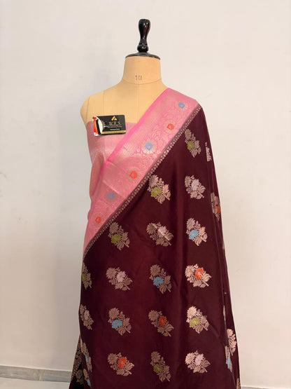 Premium Wine & Pink Viscose Jacquard Saree – Elegant Floral Zari Weaving