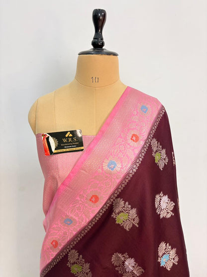 Premium Wine & Pink Viscose Jacquard Saree – Elegant Floral Zari Weaving