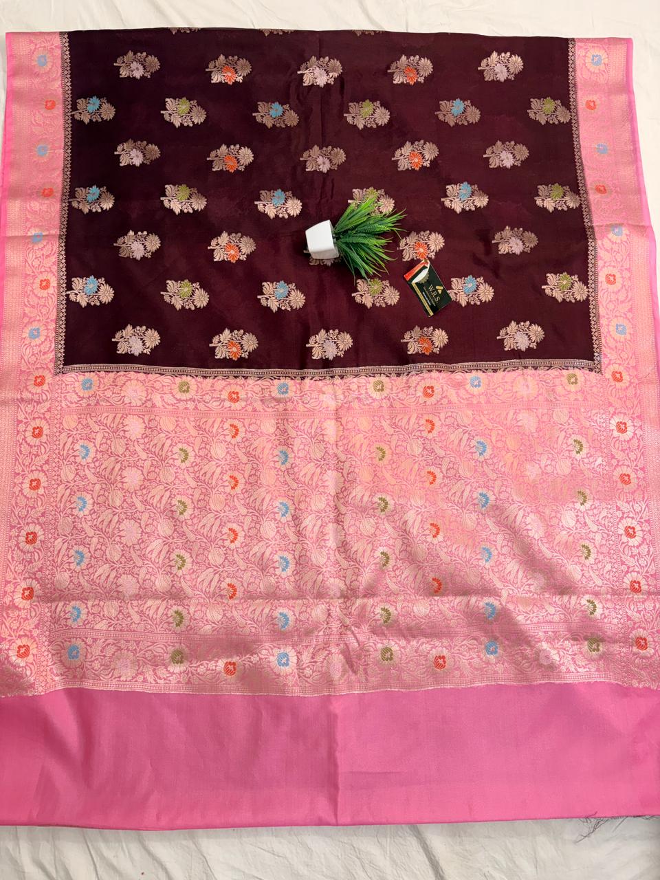 Premium Wine & Pink Viscose Jacquard Saree – Elegant Floral Zari Weaving