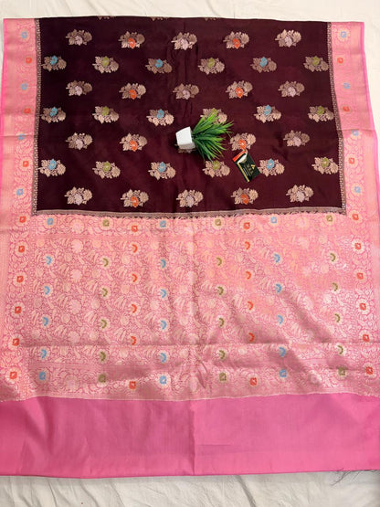 Premium Wine & Pink Viscose Jacquard Saree – Elegant Floral Zari Weaving