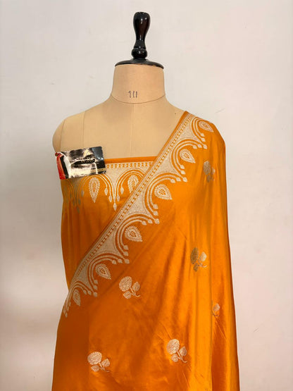 Royal yellow Katan Mashru Silk Banarasi Saree – Elegant Floral Zari Work