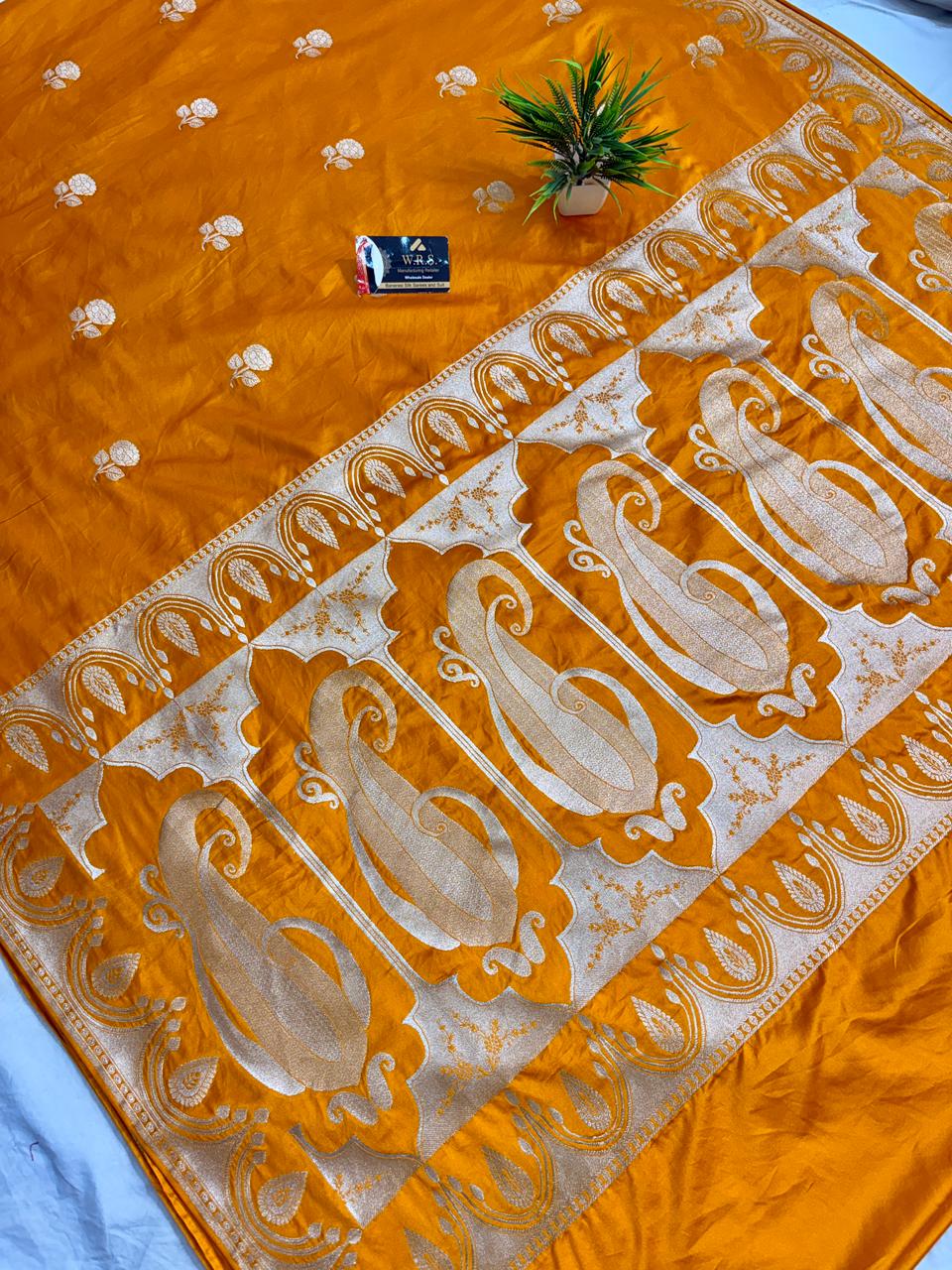 Royal yellow Katan Mashru Silk Banarasi Saree – Elegant Floral Zari Work