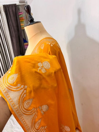 Royal yellow Katan Mashru Silk Banarasi Saree – Elegant Floral Zari Work