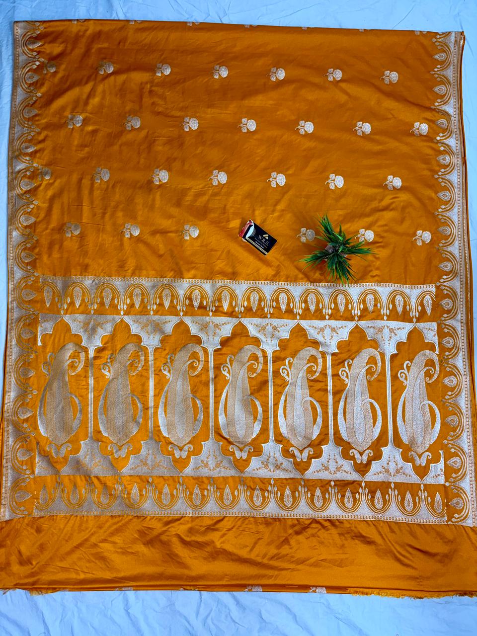 Royal yellow Katan Mashru Silk Banarasi Saree – Elegant Floral Zari Work