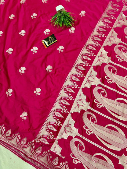 Royal Red Katan Mashru Silk Banarasi Saree – Elegant Floral Zari Work