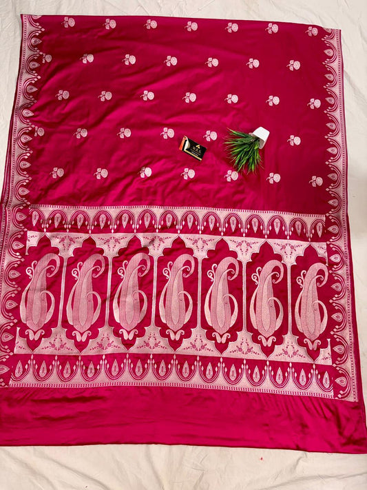 Royal Red Katan Mashru Silk Banarasi Saree – Elegant Floral Zari Work