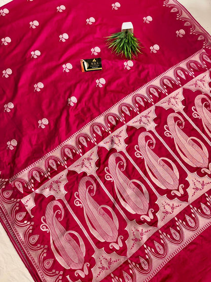 Royal Red Katan Mashru Silk Banarasi Saree – Elegant Floral Zari Work