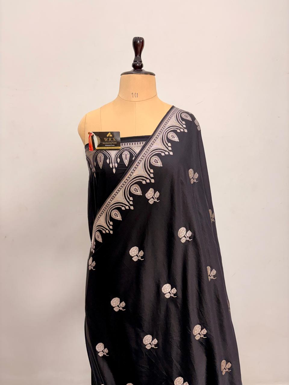 Royal Black Katan Mashru Silk Banarasi Saree – Elegant Floral Zari Work