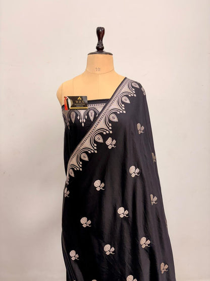 Royal Black Katan Mashru Silk Banarasi Saree – Elegant Floral Zari Work