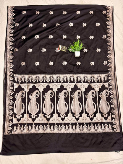 Royal Black Katan Mashru Silk Banarasi Saree – Elegant Floral Zari Work