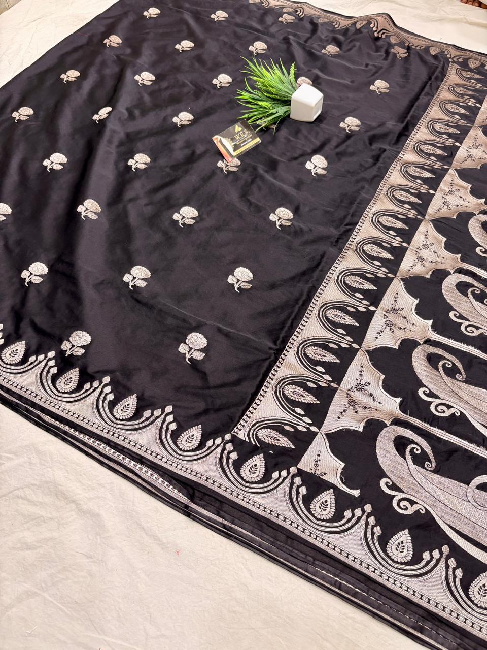 Royal Black Katan Mashru Silk Banarasi Saree – Elegant Floral Zari Work