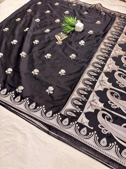 Royal Black Katan Mashru Silk Banarasi Saree – Elegant Floral Zari Work
