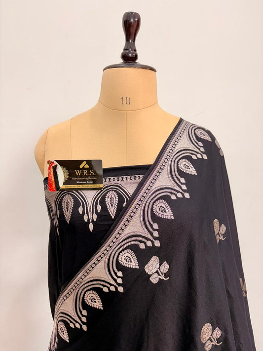 Royal Black Katan Mashru Silk Banarasi Saree – Elegant Floral Zari Work