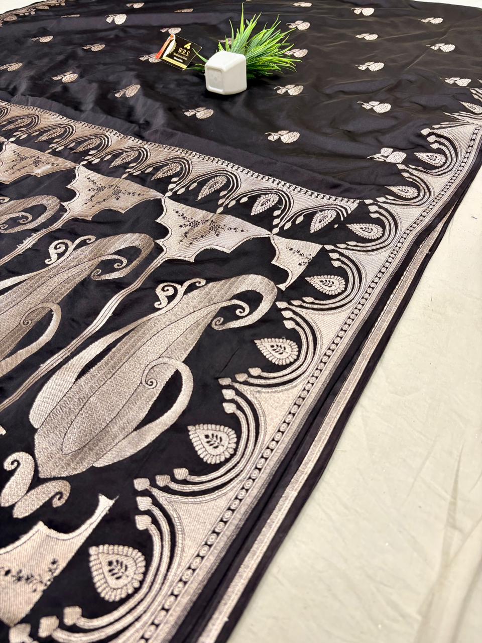 Royal Black Katan Mashru Silk Banarasi Saree – Elegant Floral Zari Work