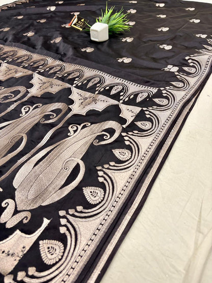 Royal Black Katan Mashru Silk Banarasi Saree – Elegant Floral Zari Work