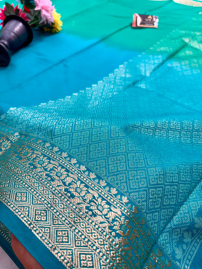 Classic Green & Blue Chiniya D.P.N Banarasi Saree – Soft, Elegant &amp; Festive Wear