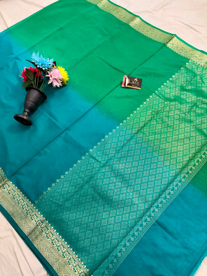 Classic Green & Blue Chiniya D.P.N Banarasi Saree – Soft, Elegant &amp; Festive Wear