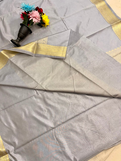 Silver Grey Chiniya Silk Banarasi Saree – Soft, Elegant & Traditional