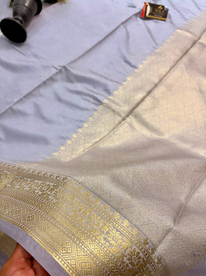 Silver Grey Chiniya Silk Banarasi Saree – Soft, Elegant & Traditional