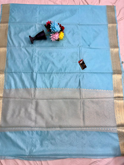 Sky Blue Chiniya Silk Banarasi Saree – Soft, Elegant &amp; Traditional