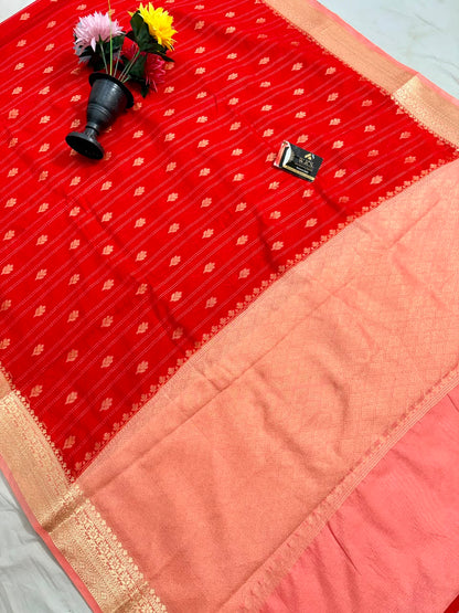 Classic Red Chiniya D.P.N Banarasi Saree – Soft, Elegant &amp; Festive Wear
