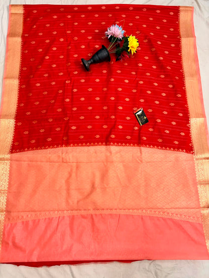 Classic Red Chiniya D.P.N Banarasi Saree – Soft, Elegant &amp; Festive Wear